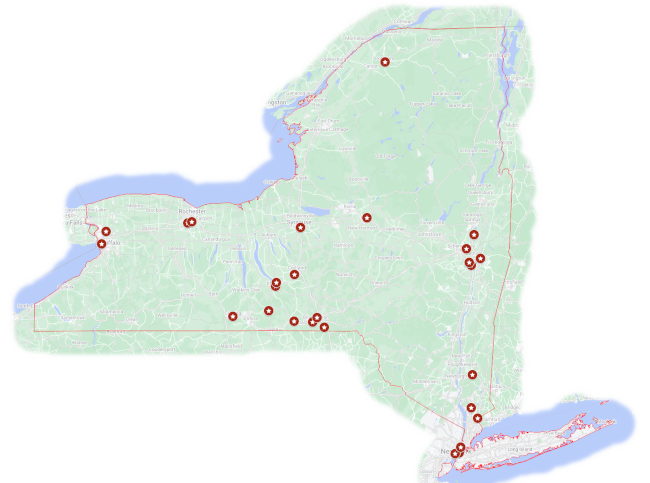 Map of New York State showing the locations of partnering institutions in the NNN